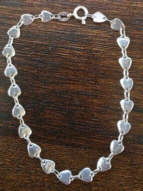 Vintage Italian 925 Sterling Silver Flat Heart Link Chain Bracelet 4.1g Italy